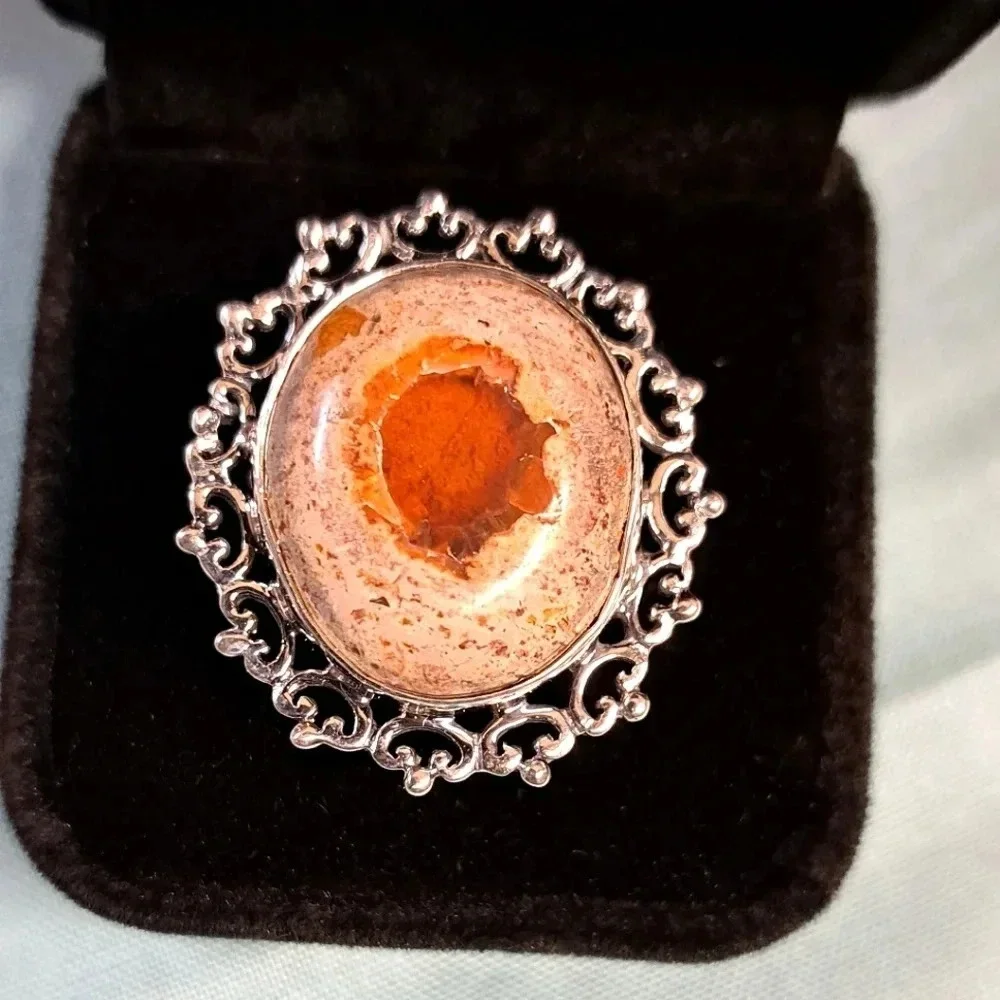 Fire Opal Matrix Large Solitaire Ring In 925 Sterling Silver.